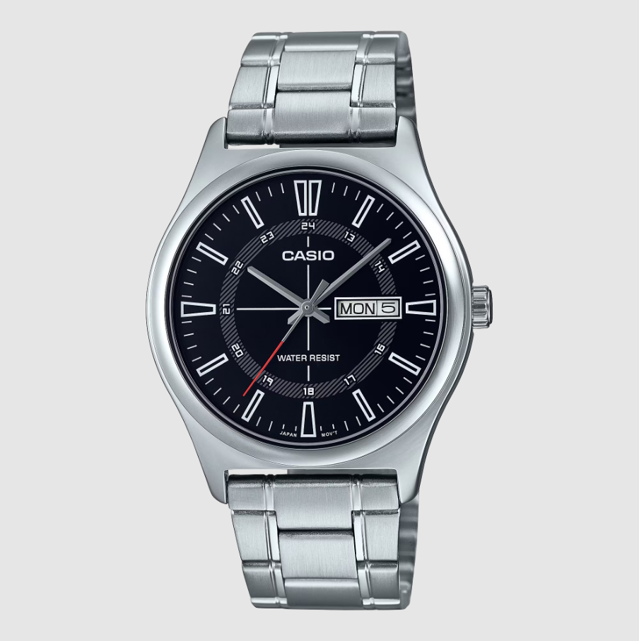 Casio MTP-V006D-1C Men's Stainless Steel 24 Hour Black Index Dial Day Date 3-Hand Analog Watch